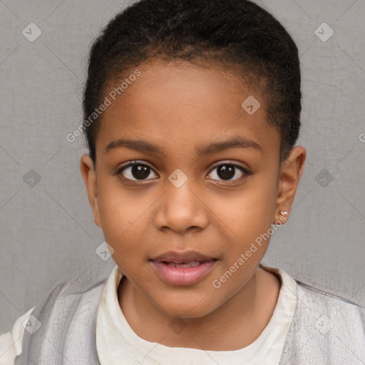 Joyful white child female with short  brown hair and brown eyes