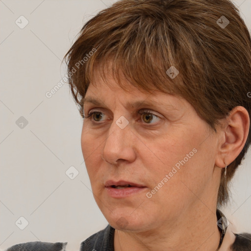 Neutral white adult female with medium  brown hair and brown eyes