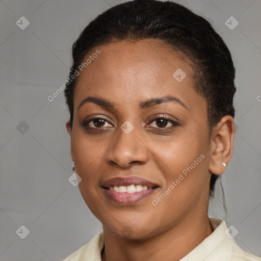 Joyful latino young-adult female with short  brown hair and brown eyes