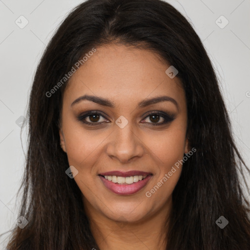 Joyful latino young-adult female with long  brown hair and brown eyes