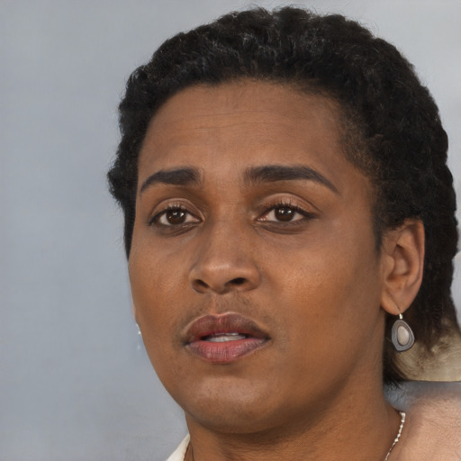 Neutral black young-adult female with short  black hair and brown eyes