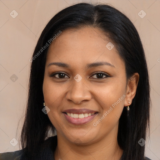 Joyful latino young-adult female with long  brown hair and brown eyes
