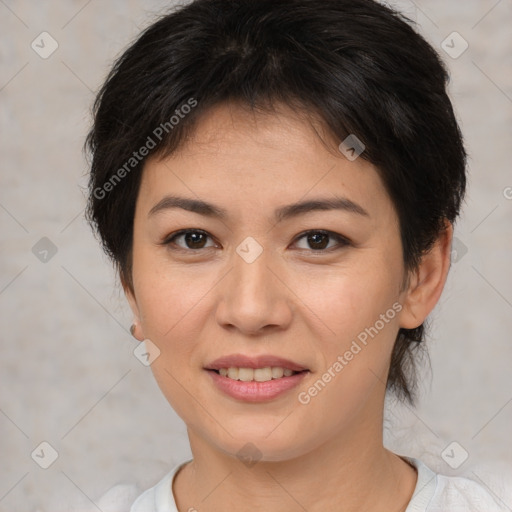 Joyful asian young-adult female with short  brown hair and brown eyes