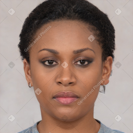 Neutral black young-adult female with short  brown hair and brown eyes