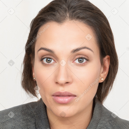 Neutral white young-adult female with medium  brown hair and brown eyes