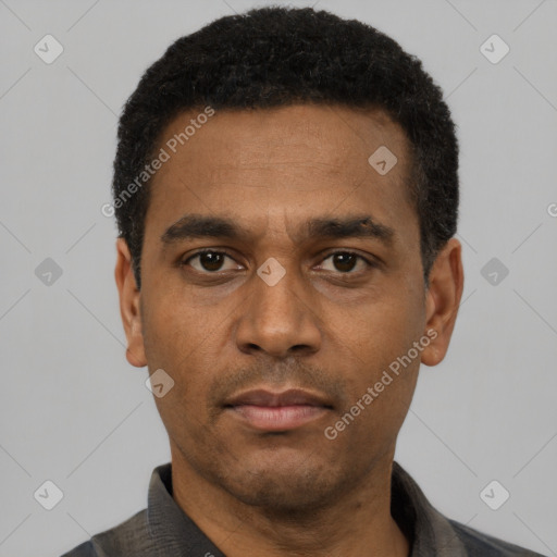 Neutral latino adult male with short  black hair and brown eyes