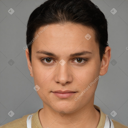 Neutral white young-adult female with short  brown hair and brown eyes