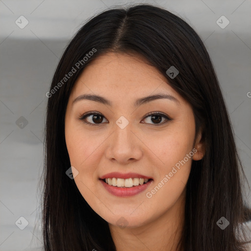 Joyful asian young-adult female with long  brown hair and brown eyes