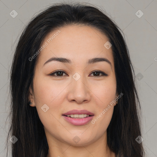 Joyful asian young-adult female with long  brown hair and brown eyes