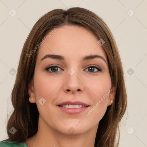 Joyful white young-adult female with long  brown hair and green eyes