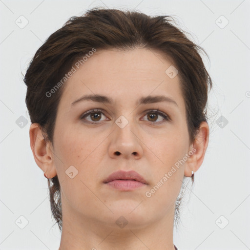 Neutral white young-adult female with short  brown hair and brown eyes