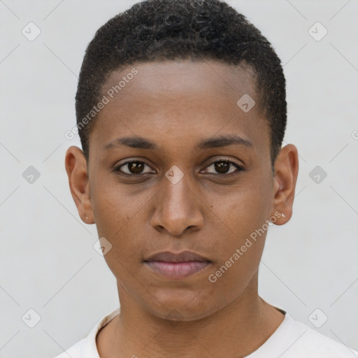 Neutral black young-adult female with short  brown hair and brown eyes