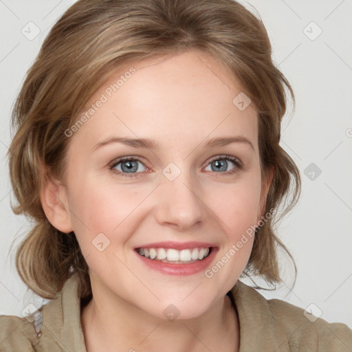 Joyful white young-adult female with medium  brown hair and blue eyes