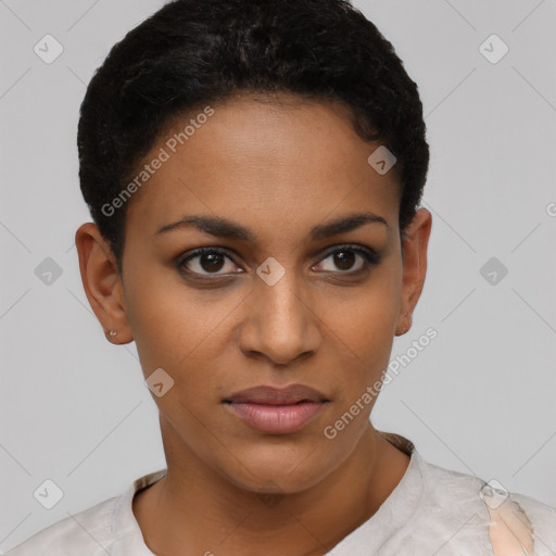 Joyful latino young-adult female with short  black hair and brown eyes