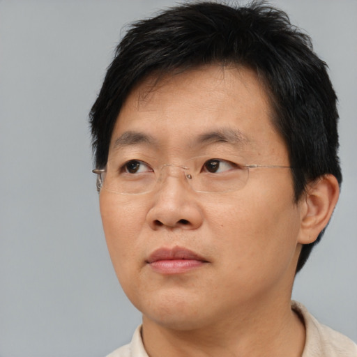 Neutral asian adult male with short  brown hair and brown eyes