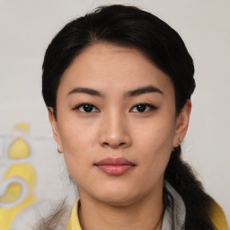 Neutral asian young-adult female with short  black hair and brown eyes