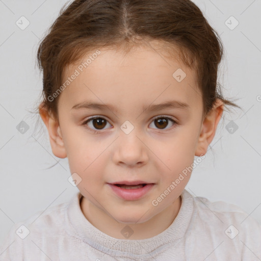 Joyful white child female with short  brown hair and brown eyes