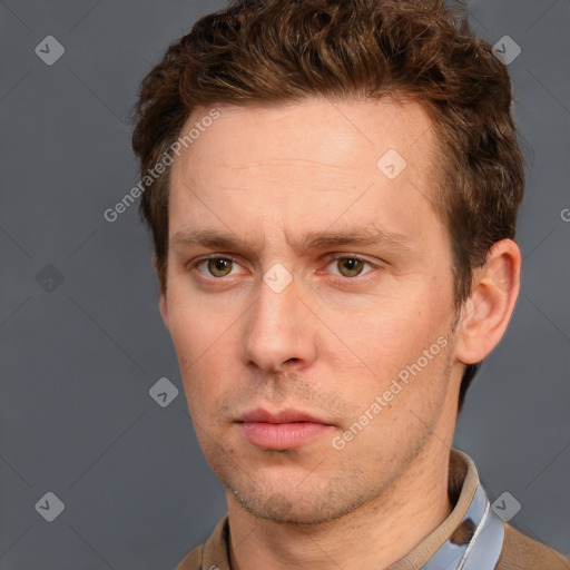 Neutral white adult male with short  brown hair and grey eyes