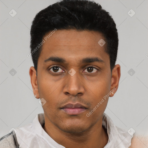 Neutral latino young-adult male with short  black hair and brown eyes