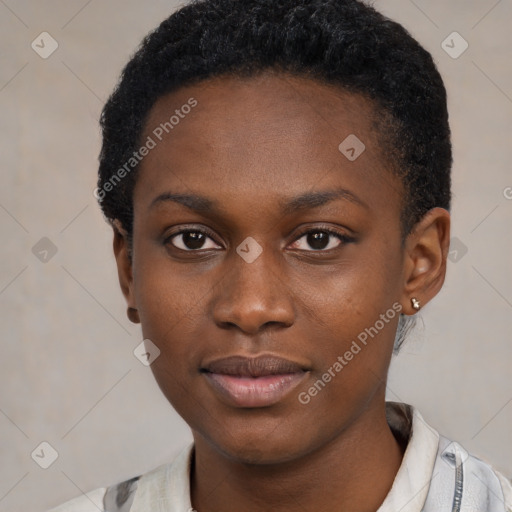 Neutral black young-adult female with short  black hair and brown eyes