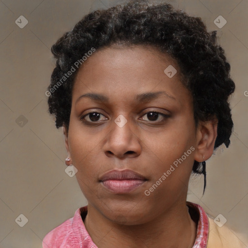 Neutral black young-adult female with short  brown hair and brown eyes