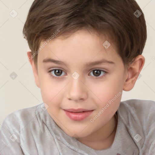 Joyful white child female with short  brown hair and brown eyes