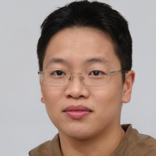 Neutral asian adult female with short  brown hair and brown eyes