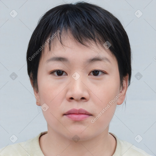 Neutral asian young-adult female with short  brown hair and brown eyes