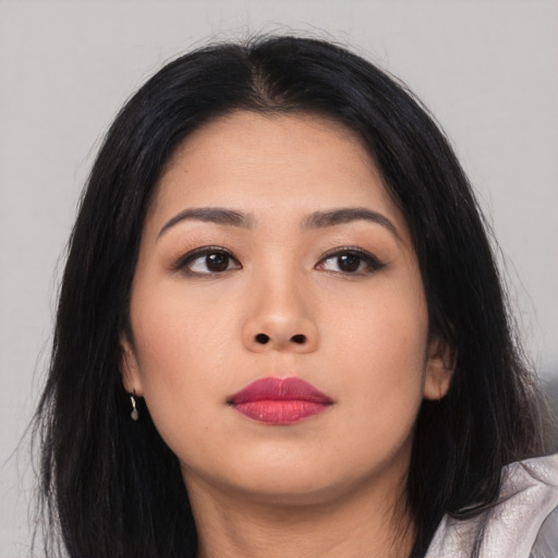 Neutral asian young-adult female with long  black hair and brown eyes