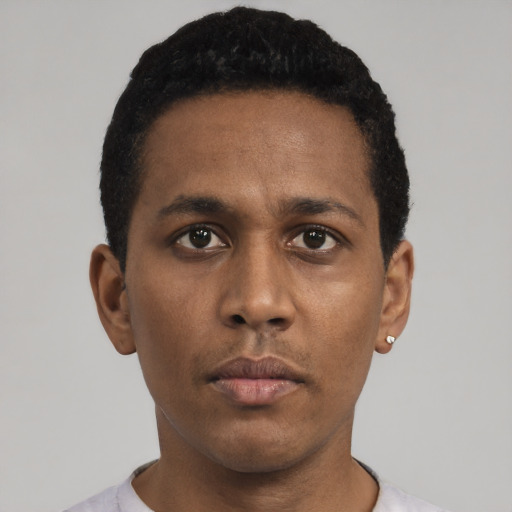 Neutral black young-adult male with short  black hair and brown eyes