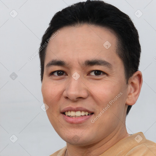 Joyful white young-adult male with short  black hair and brown eyes