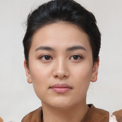 Neutral asian young-adult female with short  brown hair and brown eyes