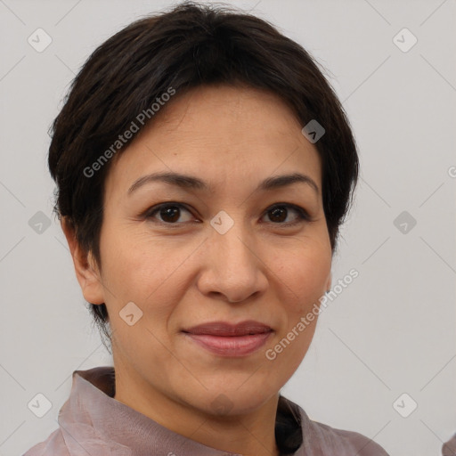 Joyful white adult female with short  brown hair and brown eyes