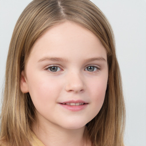 Joyful white child female with long  brown hair and brown eyes