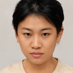 Neutral asian young-adult female with short  brown hair and brown eyes