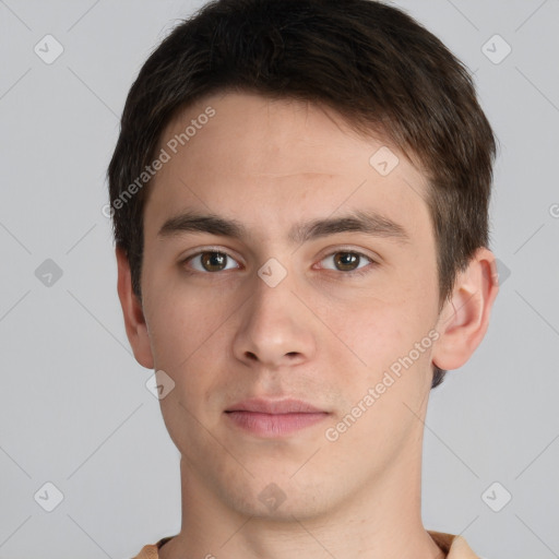 Neutral white young-adult male with short  brown hair and brown eyes