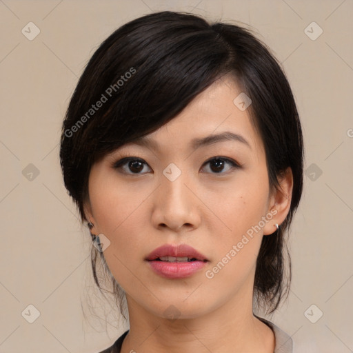 Neutral asian young-adult female with medium  black hair and brown eyes