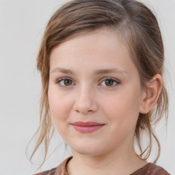 Joyful white child female with medium  brown hair and brown eyes