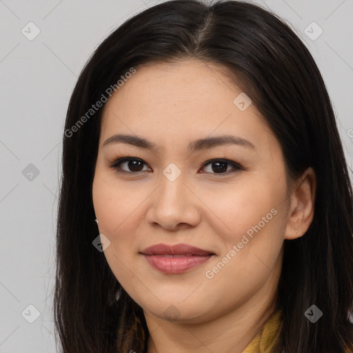 Joyful asian young-adult female with long  brown hair and brown eyes