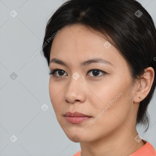 Neutral white young-adult female with medium  brown hair and brown eyes