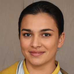 Joyful white young-adult female with short  brown hair and brown eyes