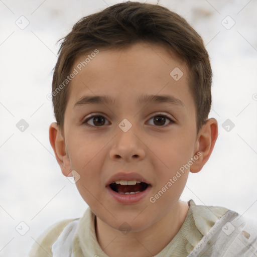 Joyful white child male with short  brown hair and brown eyes