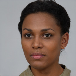 Neutral black young-adult female with short  black hair and brown eyes