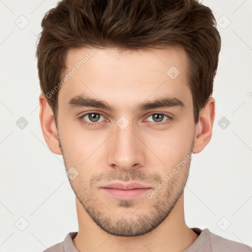 Neutral white young-adult male with short  brown hair and brown eyes