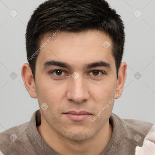 Neutral white young-adult male with short  brown hair and brown eyes