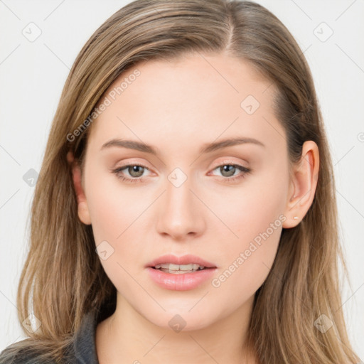 Neutral white young-adult female with long  brown hair and brown eyes