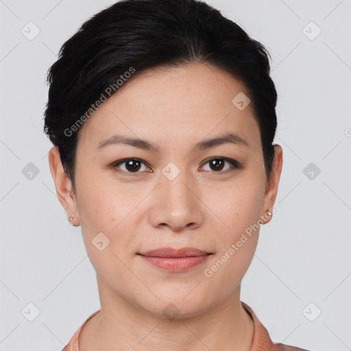 Joyful white young-adult female with short  brown hair and brown eyes