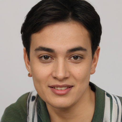 Joyful white young-adult female with short  black hair and brown eyes