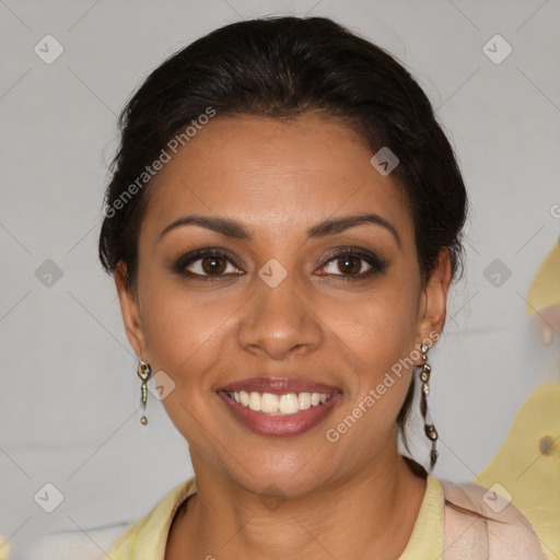 Joyful latino young-adult female with short  brown hair and brown eyes