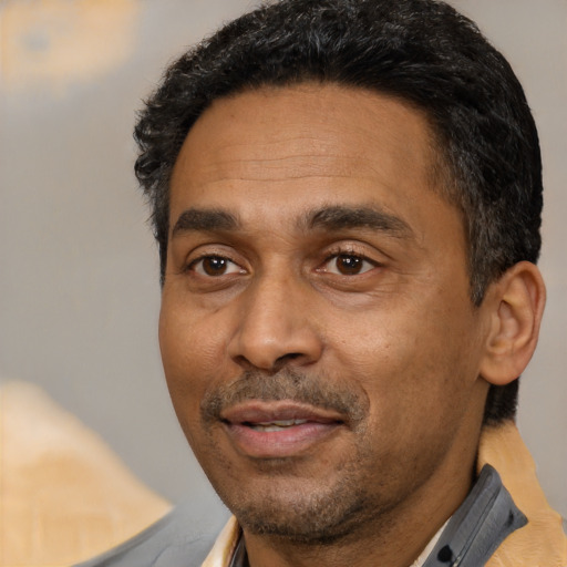 Joyful latino adult male with short  black hair and brown eyes